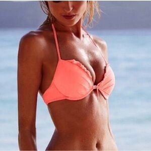 - Victoria's Secret Swim Bikini Top Coral Orange 32C suit string ruffle